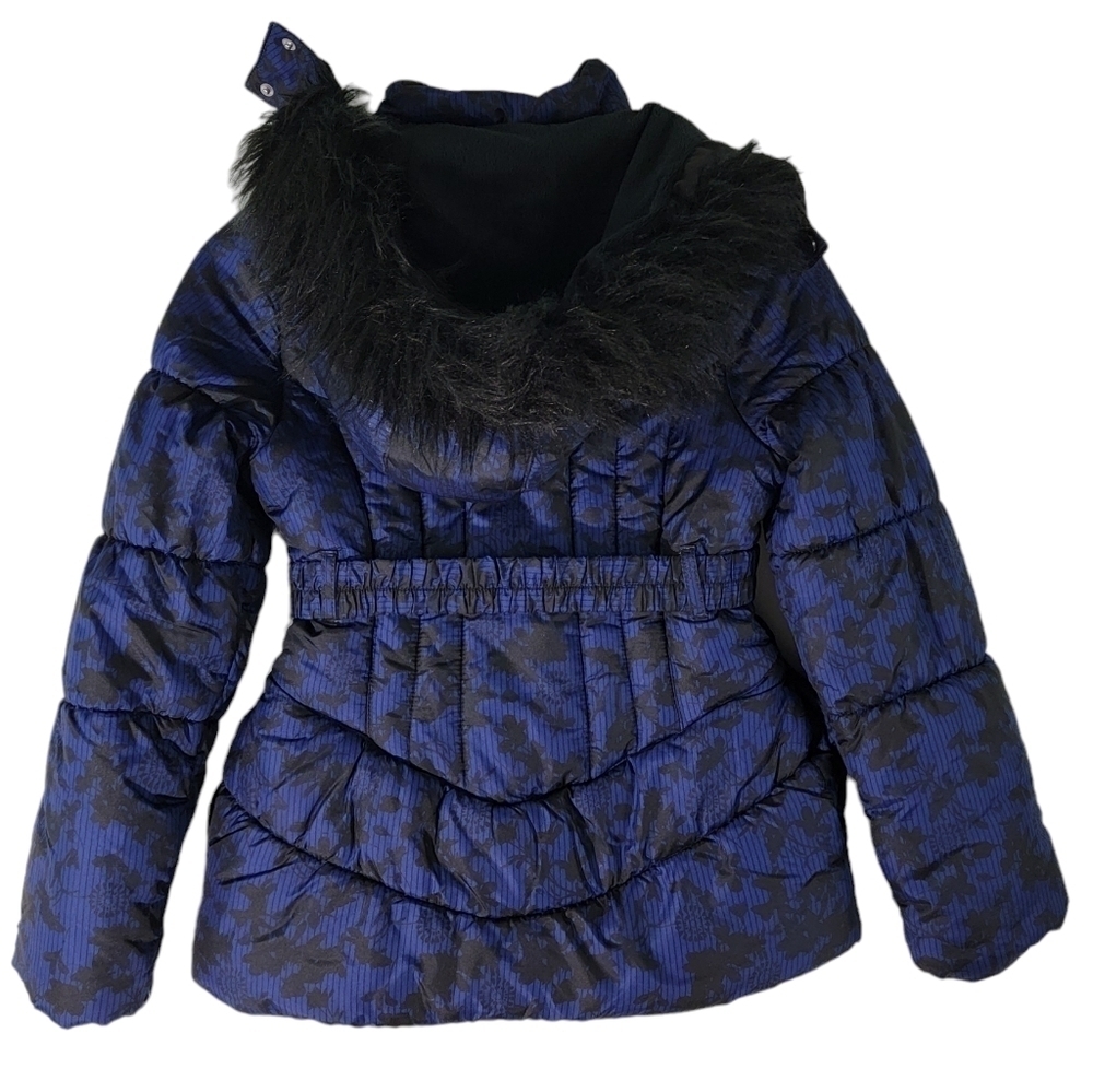 LONDON FOG Blue Floral Down Puffer Jacket Girls Sz L 14/16 Faux Fur Hood Belted